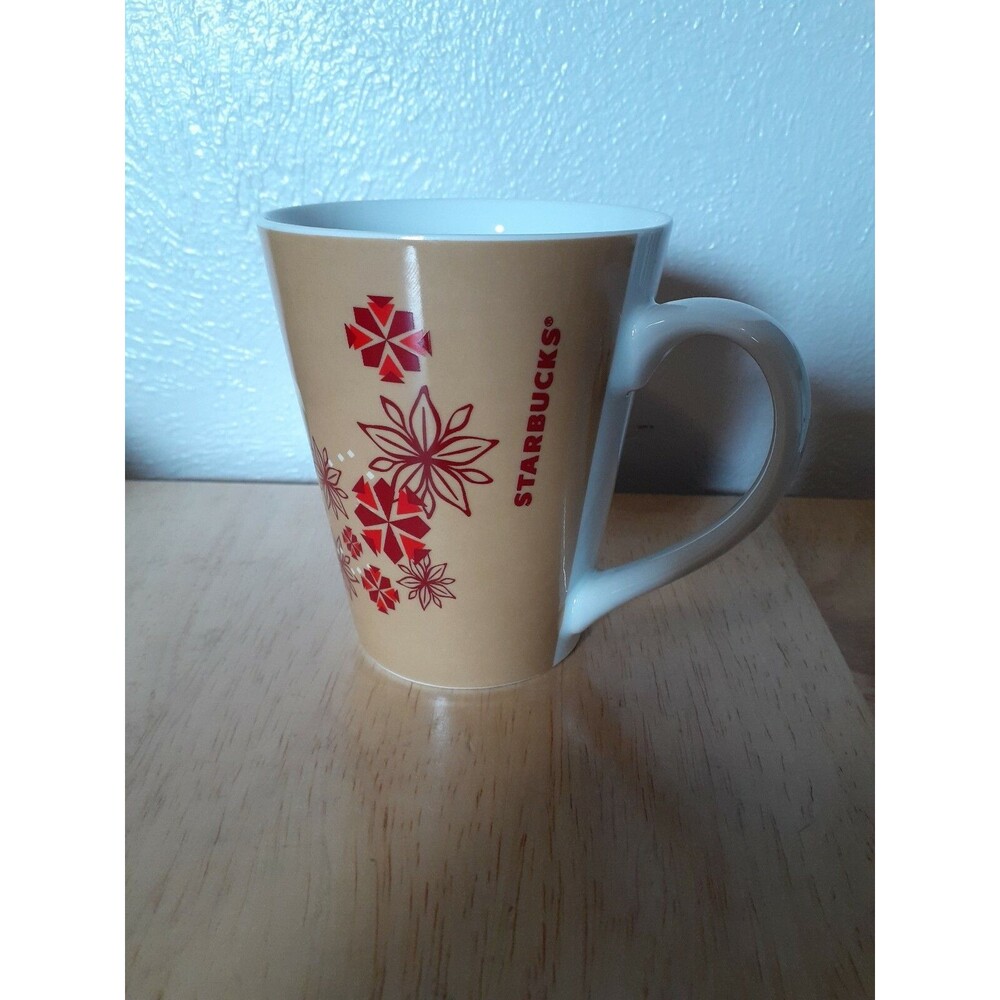 2013 Starbucks Holiday Poinsettias Geometric Tan Gold Red Accents Coffee Cup